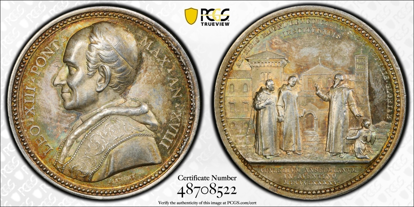 万国钱币拍卖第024期（诸神之战） PCGS SP62 1895年教皇国里奥十三世纪念阿文蒂诺安塞尔姆学院成立高浮雕大银章 43MM 36G 青金色五彩优美包浆 