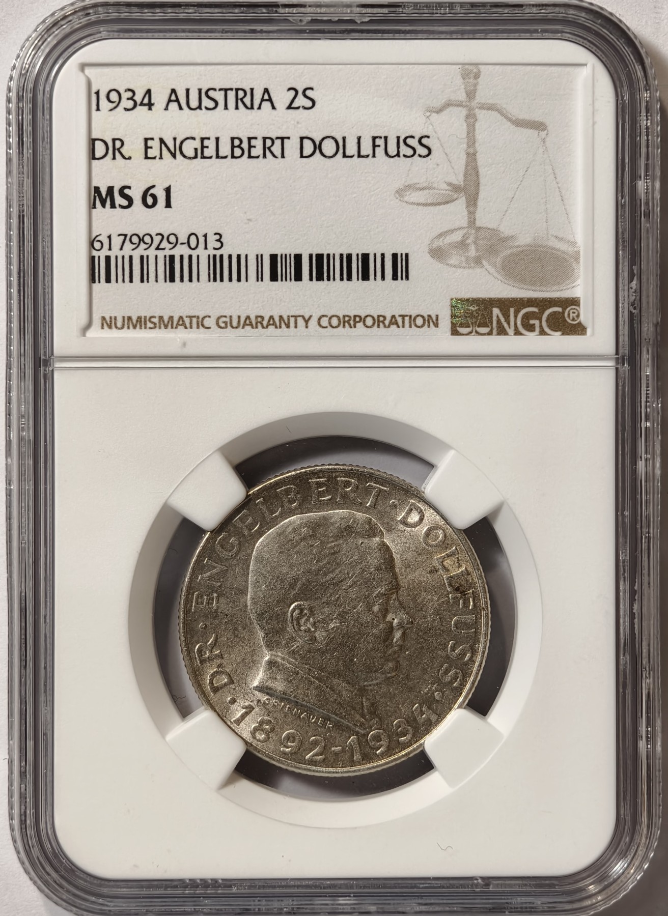 紫瑗钱币——第342期拍卖 奥地利 1934年 恩格尔伯特·多尔夫斯 2先令 银币 NGC MS61