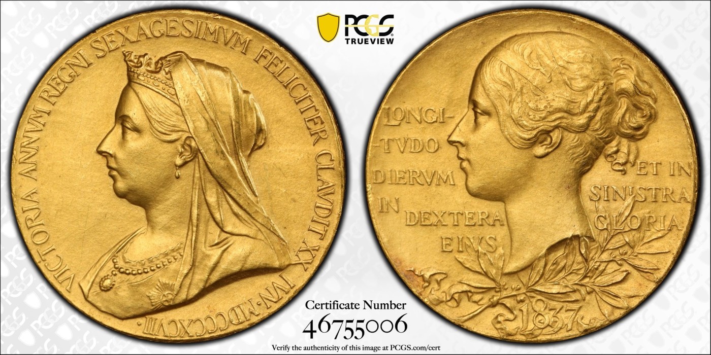 万国钱币拍卖第024期（诸神之战） PCGS SP58 1897年英国维多利亚登基60周年纪念金章 12.96g 精制matte工艺，价格起飞的品种。