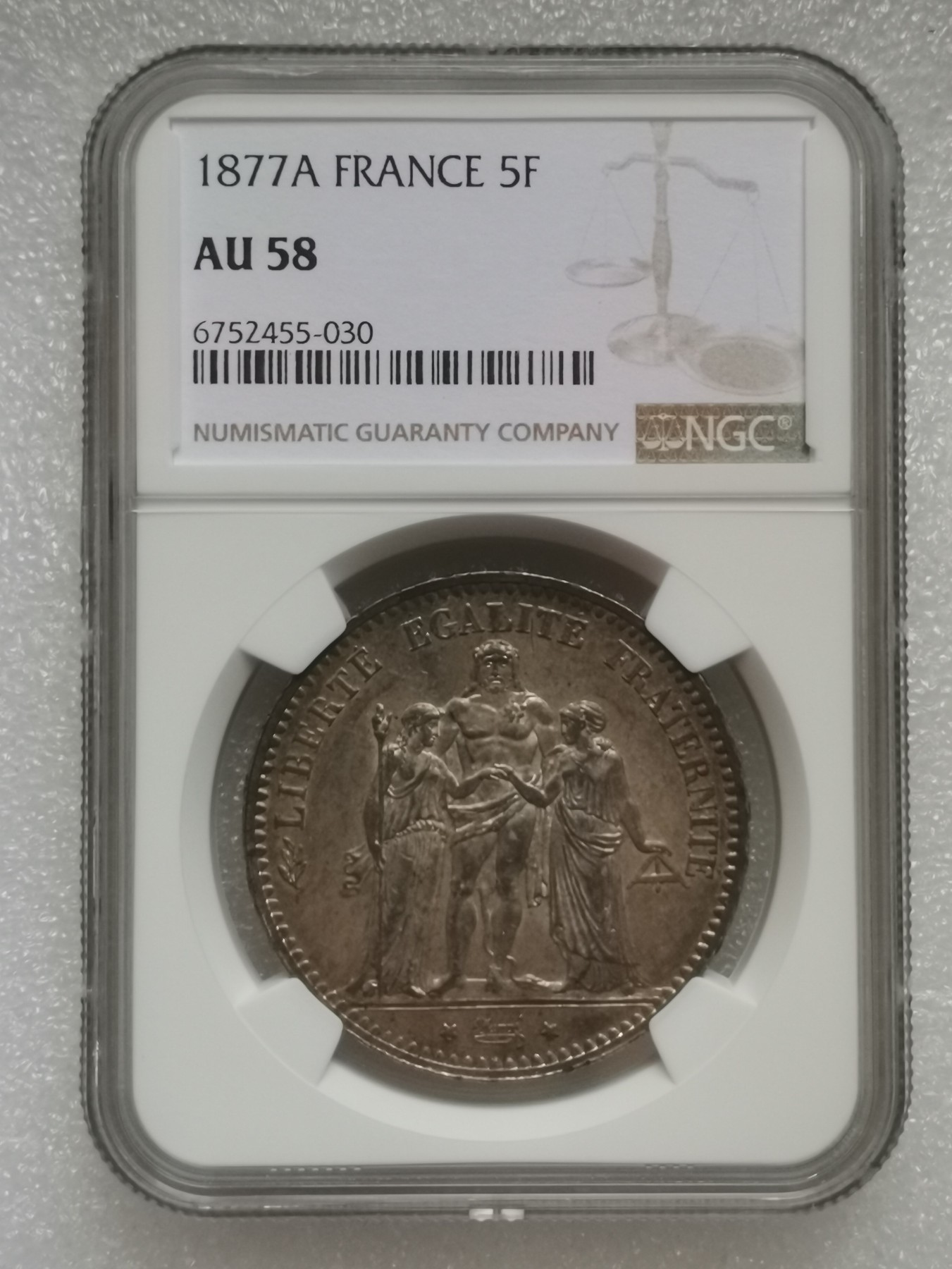 瓶子🏺第138期拍卖会  NGC-AU58法国1877年大力神5法郎银币 好状态低评 少见年份