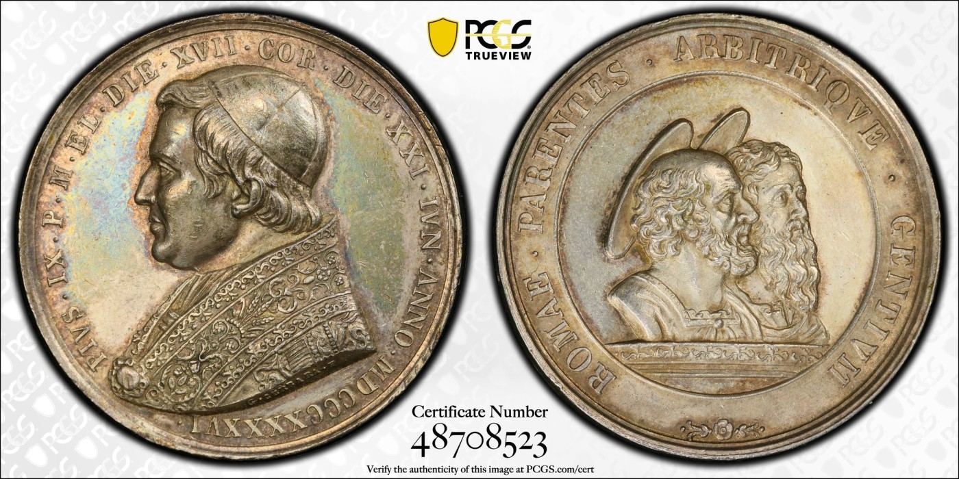 万国钱币拍卖第024期（诸神之战） PCGS SP58 1846年教皇国庇护九世双圣纪念大银章 五彩高浮雕 早期教皇国大银章好品难得