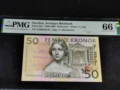 刘世昌艺术品销售中心～虎踞龙蟠*金杨在线联拍群第508期 - 瑞典1996-2003年“夜莺～歌唱家珍妮.林德”50克朗【初版】（PMG 66E 号码：7530962242）1枚。