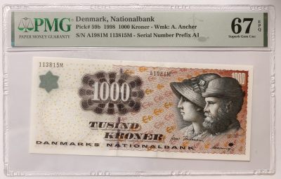 紫瑗钱币——第343期拍卖——纸币场 - 【PMG 67EPQ】丹麦 1998年 安娜·安切尔和迈克尔·安彻尔 1000克朗 (P-59b)