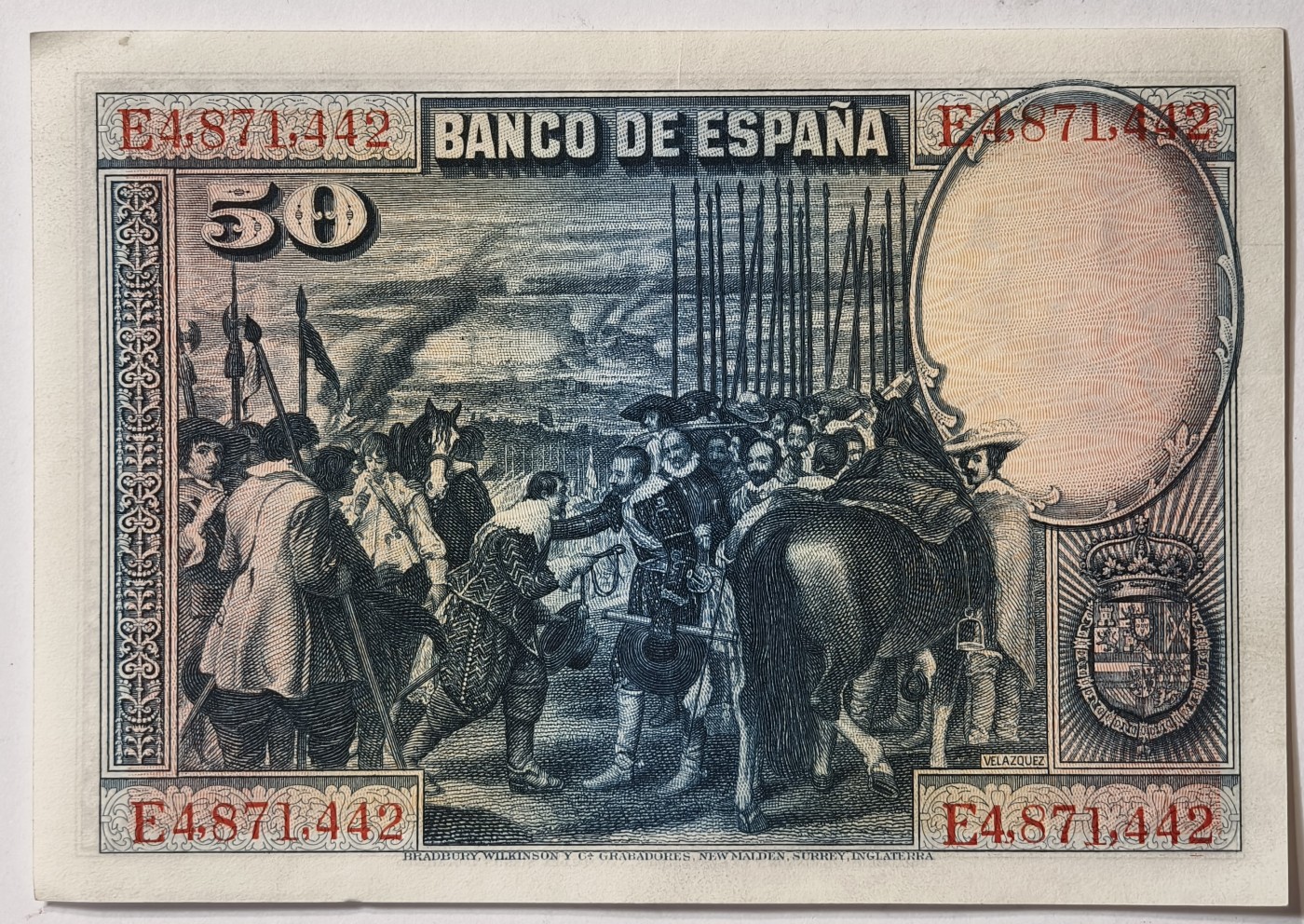 紫瑗钱币——第343期拍卖——纸币场 西班牙 1928年 油画《布雷达的献城》50比塞塔 UNC- 有软折