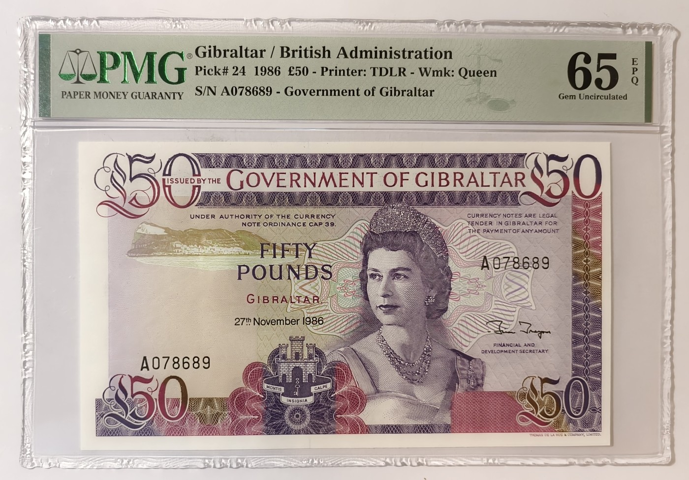 紫瑗钱币——第343期拍卖——纸币场 【首发A冠 PMG 65EPQ】 直布罗陀 1986年 伊丽莎白二世 高冠 50镑 (P-24)