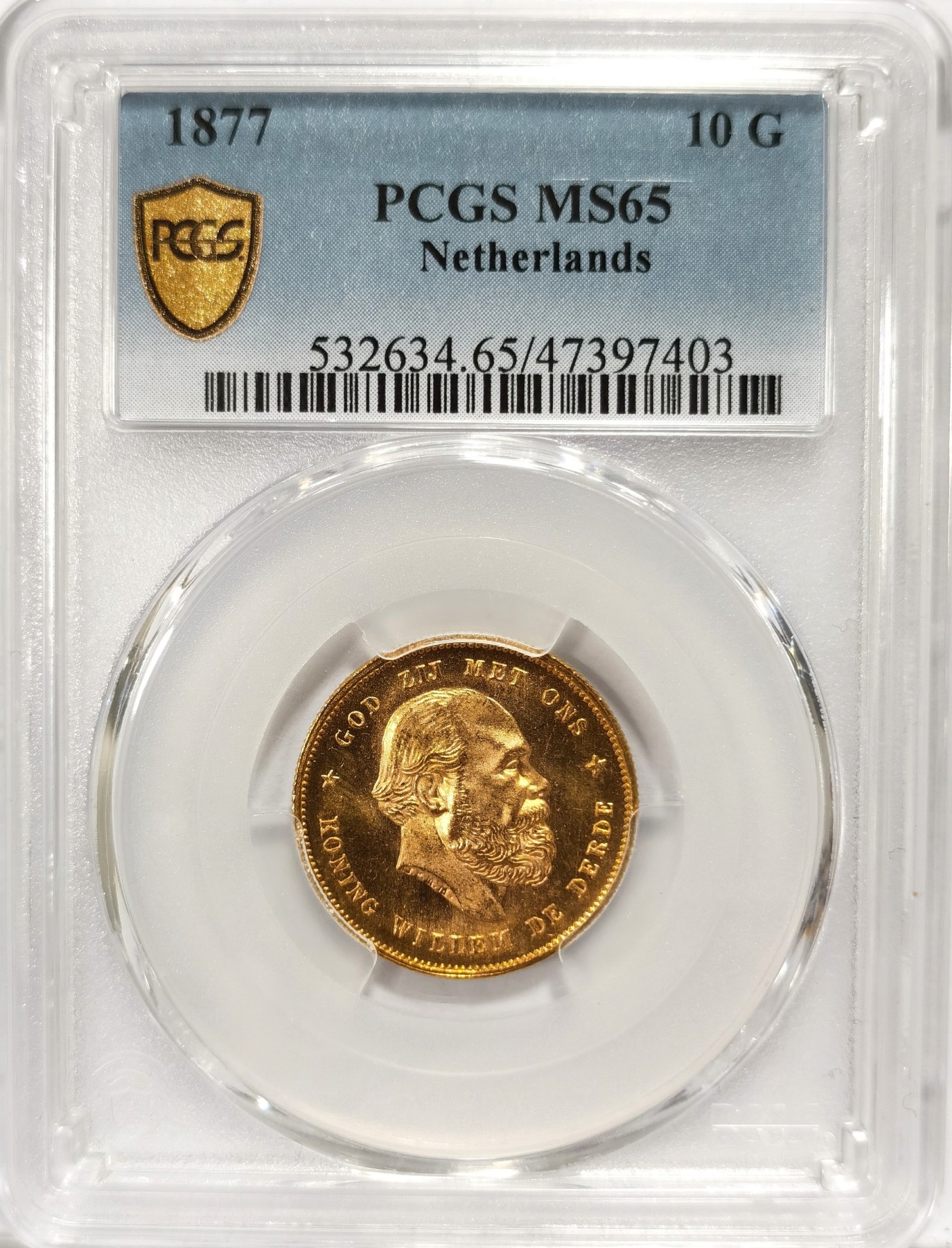 博洋堂世界钱币拍卖第099期（全场包邮） PCGS MS65 荷兰1877年威廉三世10盾金币，状态堪比66分