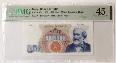 紫瑗钱币——第343期拍卖——纸币场 - 【PMG 45】意大利 1962年 威尔第 1000里拉（P-96a)