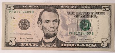 紫瑗钱币——第343期拍卖——纸币场 - 美国 2017年 F版 无序列 亚伯拉罕·林肯 5美元 彩色版 UNC