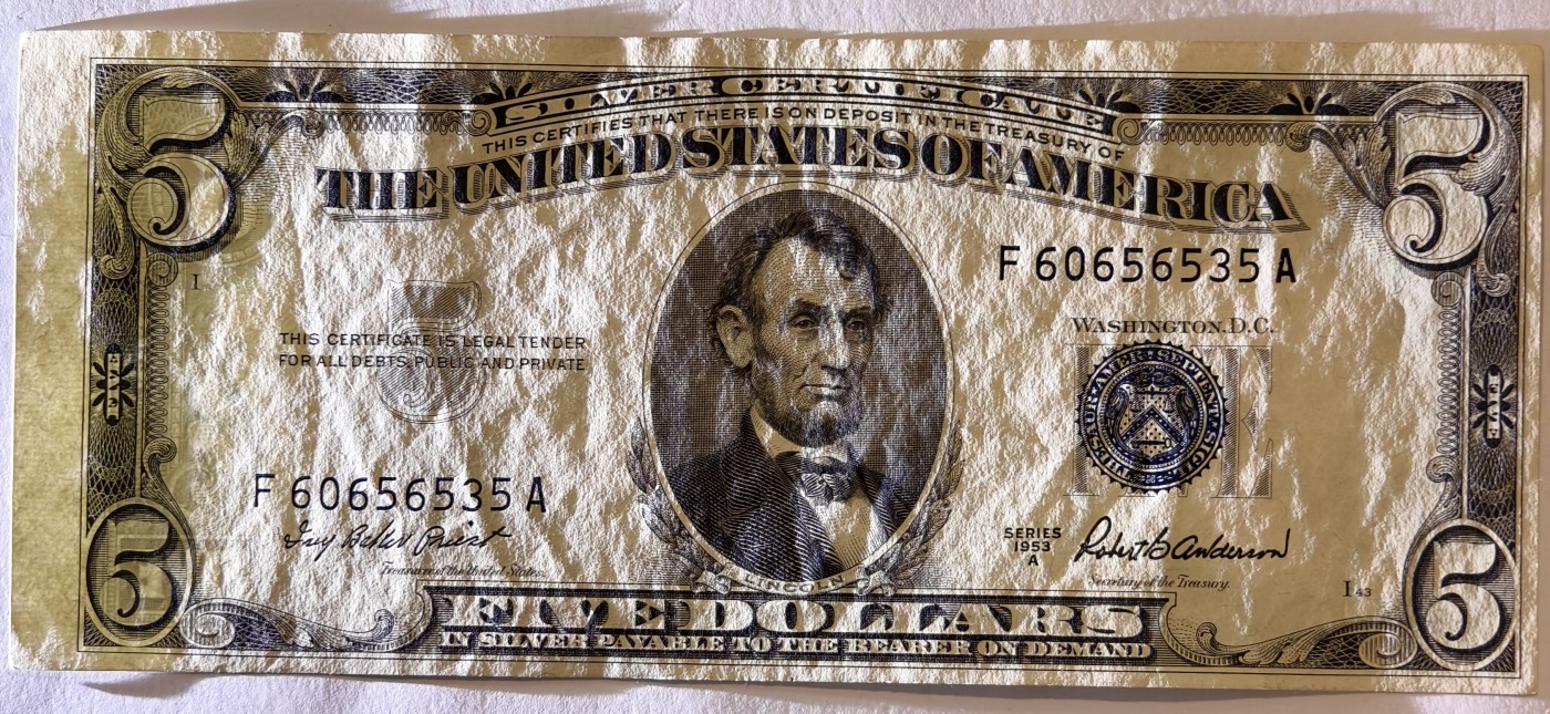 紫瑗钱币——第343期拍卖——纸币场 美国 1953年 A序列 亚伯拉罕·林肯 5美元 蓝印 银元券 AU
