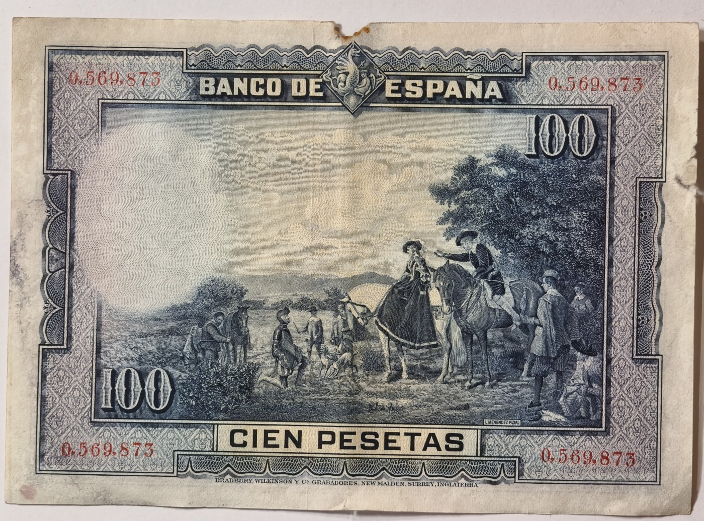 紫瑗钱币——第387期拍卖——纸币场 西班牙 1925年 油画《腓力二世的座椅》 100比塞塔 AU 有撕口 (P-76a)