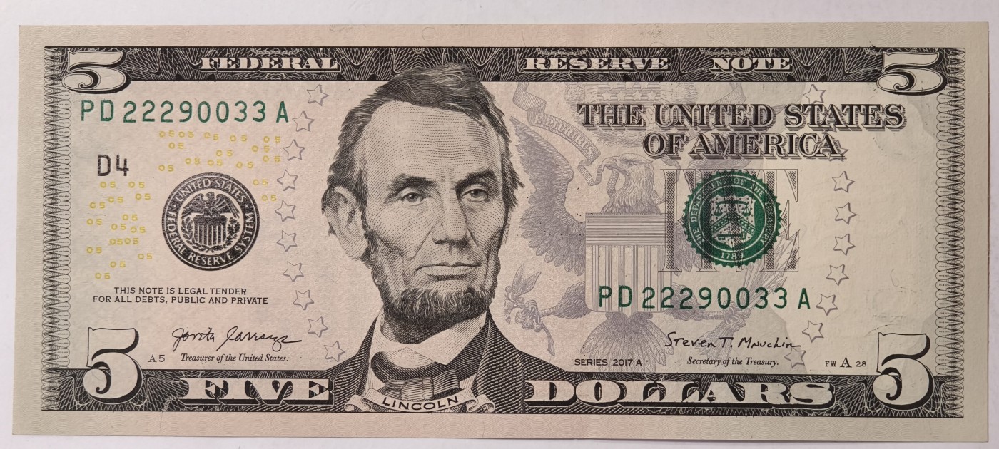 紫瑗钱币——第343期拍卖——纸币场 【双尾3】美国 2017年 A版 无序列 亚伯拉罕·林肯 5美元 彩色版 UNC