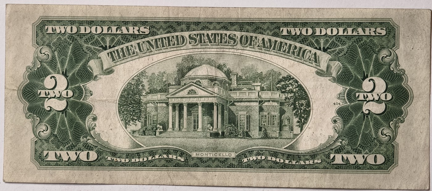 紫瑗钱币——第343期拍卖——纸币场 美国 1953年 A序列 托马斯·杰斐逊 2美元 红印 政府券 AU