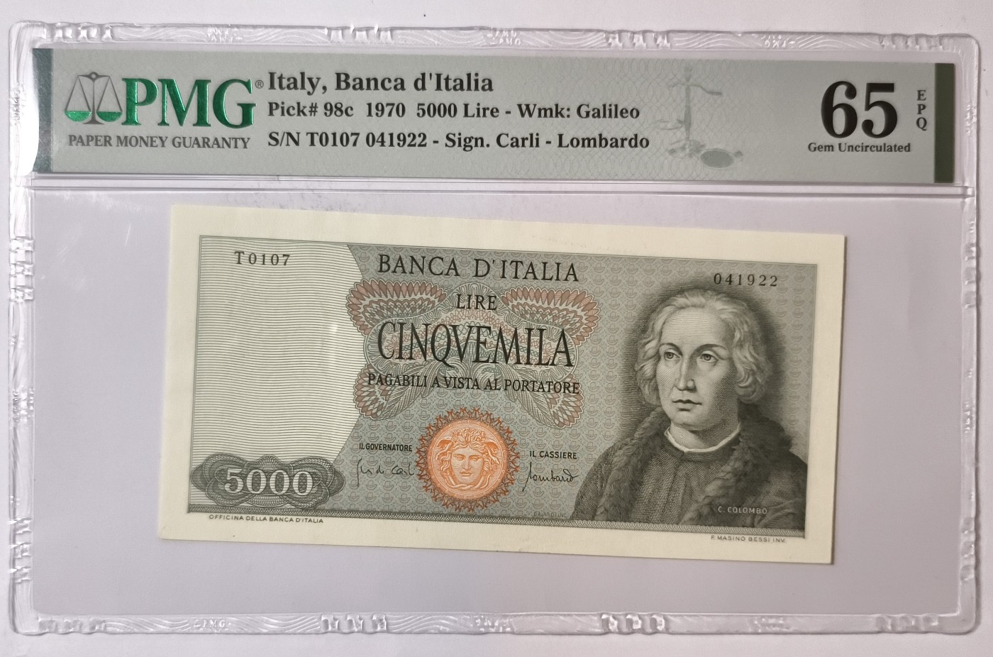 紫瑗钱币——第373期拍卖——纸币场 【PMG 65EPQ 双尾2】意大利 1970年 哥伦布与他的船队 5000里拉 (P-98C)