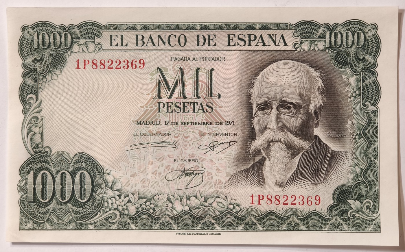 紫瑗钱币——第343期拍卖——纸币场 西班牙 1971(1974)年 何塞·埃切加赖 1000比塞塔 UNC (P-154)