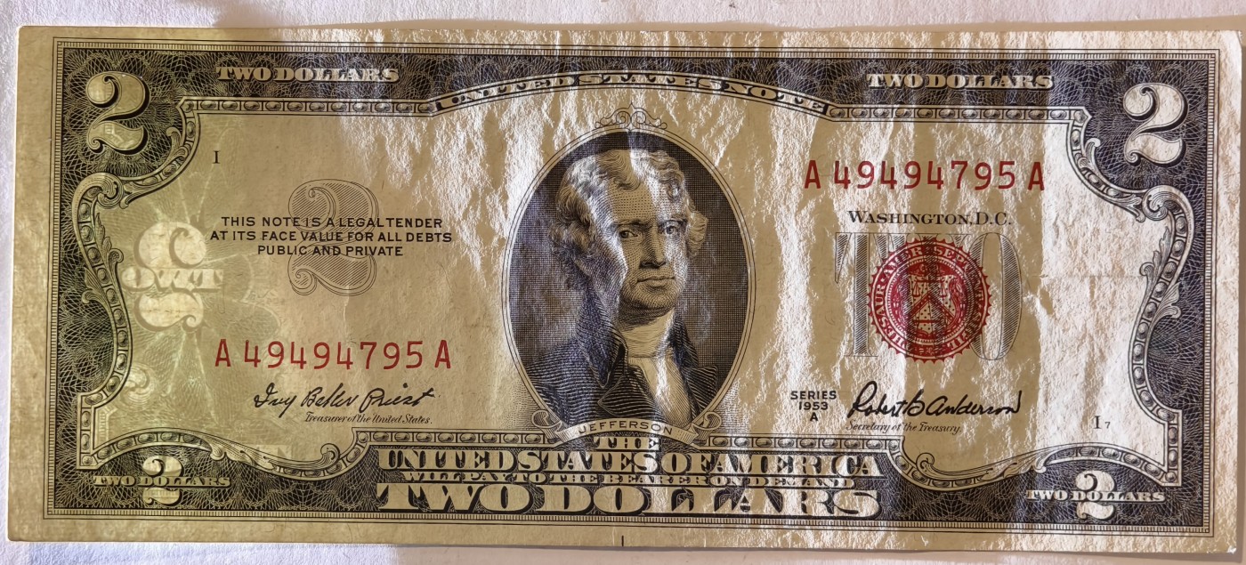 紫瑗钱币——第343期拍卖——纸币场 美国 1953年 A序列 托马斯·杰斐逊 2美元 红印 政府券 AU