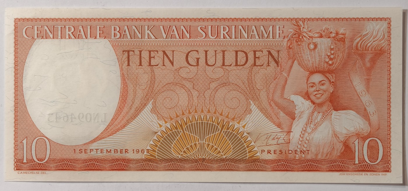 紫瑗钱币——第343期拍卖——纸币场 苏里南 1963年 土著妇女 10盾 绝品 UNC