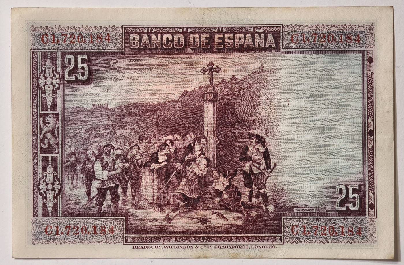 紫瑗钱币——第373期拍卖——纸币场 西班牙 1928年 卡尔德隆 25比塞塔 UNC- 中间有软折  (P-74b)