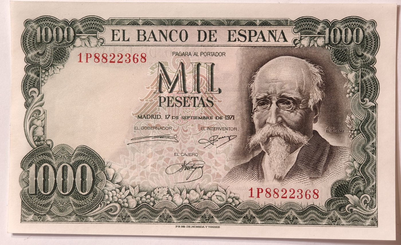 紫瑗钱币——第343期拍卖——纸币场 西班牙 1971(1974)年 何塞·埃切加赖 1000比塞塔 UNC (P-154)