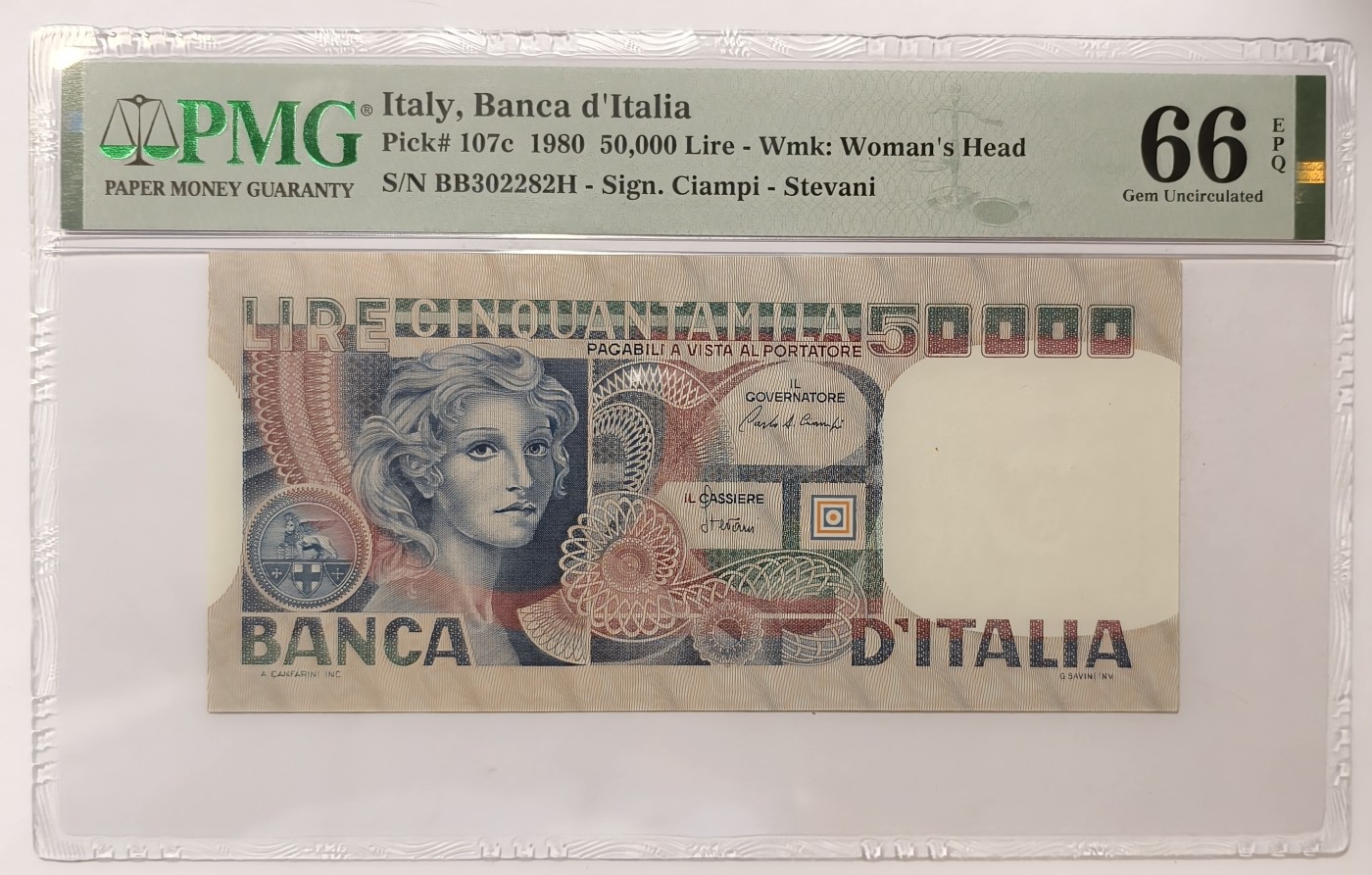 紫瑗钱币——第343期拍卖——纸币场 【PMG 66EPQ】意大利 1980年 圣马可 50000里拉 (P-107c)