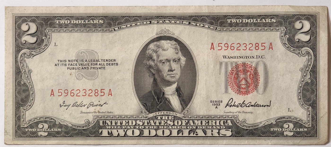 紫瑗钱币——第343期拍卖——纸币场 美国 1953年 A序列 托马斯·杰斐逊 2美元 红印 政府券 AU