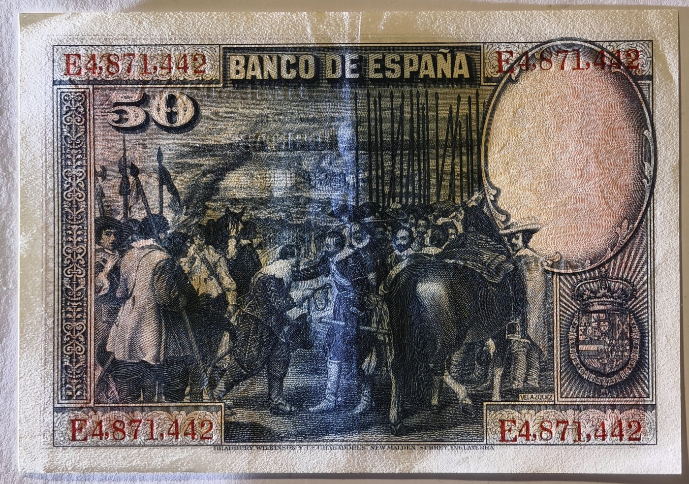 紫瑗钱币——第343期拍卖——纸币场 西班牙 1928年 油画《布雷达的献城》50比塞塔 UNC- 有软折