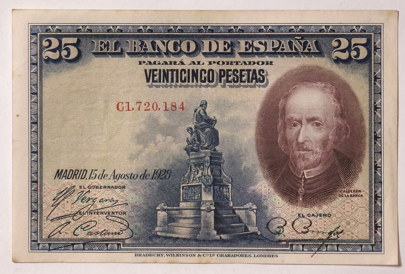 紫瑗钱币——第373期拍卖——纸币场 西班牙 1928年 卡尔德隆 25比塞塔 UNC- 中间有软折  (P-74b)