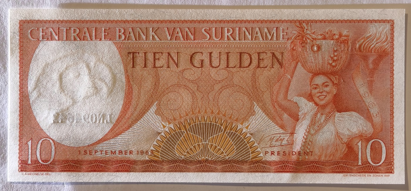 紫瑗钱币——第343期拍卖——纸币场 苏里南 1963年 土著妇女 10盾 绝品 UNC
