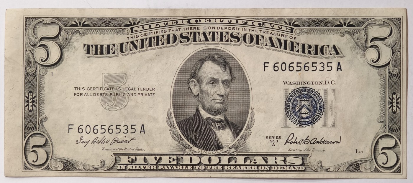 紫瑗钱币——第343期拍卖——纸币场 美国 1953年 A序列 亚伯拉罕·林肯 5美元 蓝印 银元券 AU