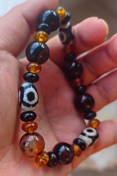 手串，小玉件杂项 玛瑙三眼天珠手串