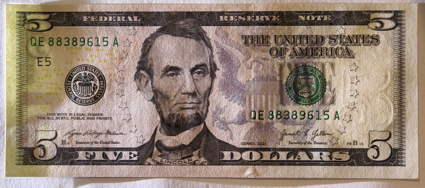 紫瑗钱币——第343期拍卖——纸币场 美国 2021年 E版 无序列 亚伯拉罕·林肯 5美元 彩色版 UNC