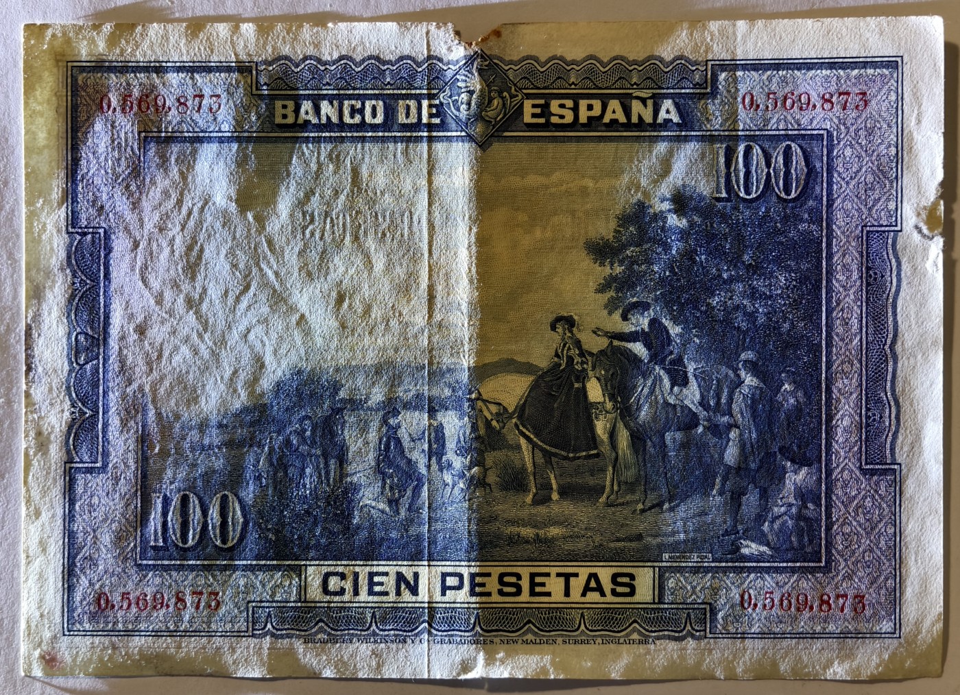 紫瑗钱币——第387期拍卖——纸币场 西班牙 1925年 油画《腓力二世的座椅》 100比塞塔 AU 有撕口 (P-76a)