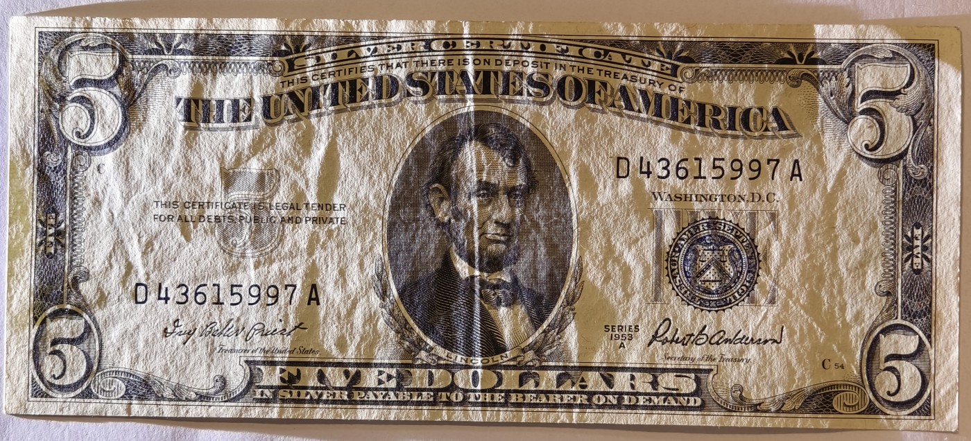 紫瑗钱币——第343期拍卖——纸币场 美国 1953年 A序列 亚伯拉罕·林肯 5美元 蓝印 银元券 流通品