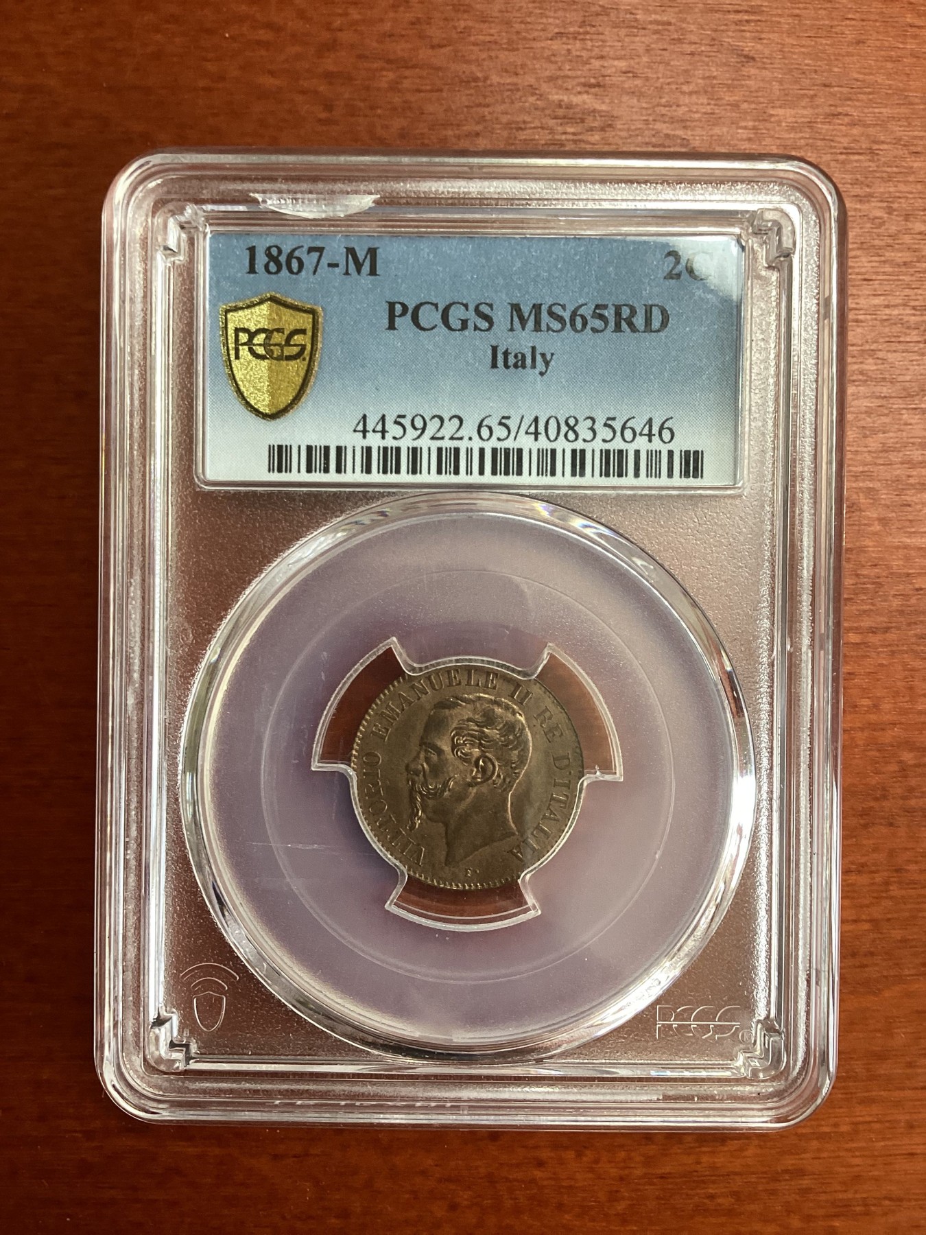 长老汇龙年精选第四场 1867-M 意大利伊曼纽尔二世2分铜币，PCGS MS65RD，唯一冠军分