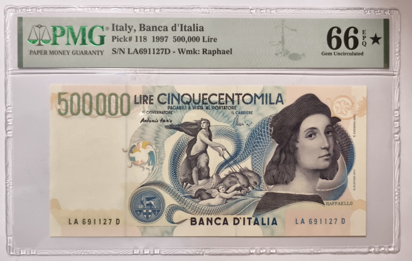紫瑗钱币——第343期拍卖——纸币场 【PMG 66⭐️】意大利 1997年 拉斐尔 500000里拉 (P-118)