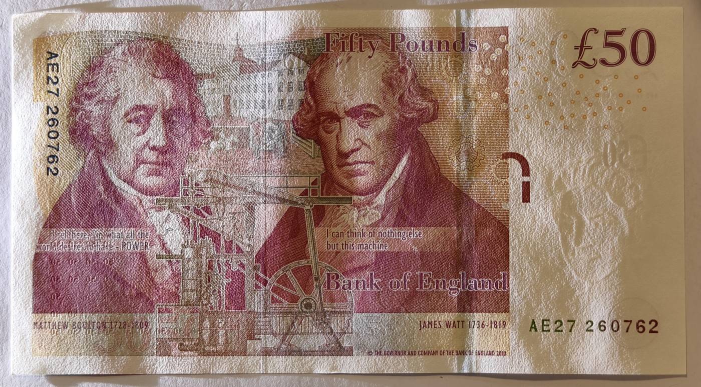 紫瑗钱币——第343期拍卖——纸币场 英国2010年 F序列 工程师瓦特(蒸汽机发明者)和其推广合作者博尔顿 50镑 UNC