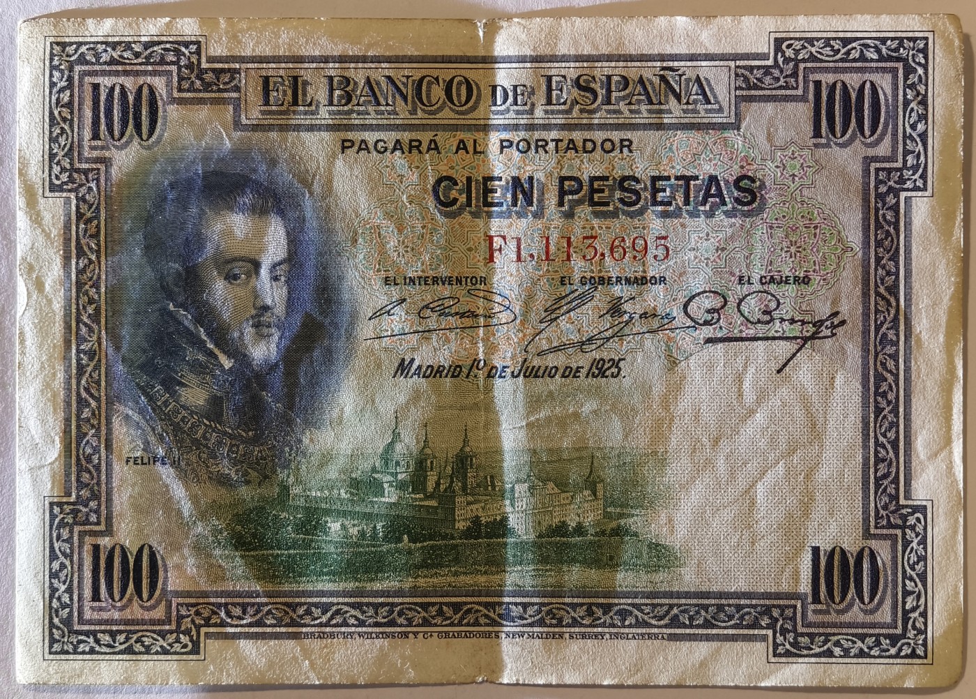 紫瑗钱币——第373期拍卖——纸币场 西班牙 1925年 油画《腓力二世的座椅》 100比塞塔 AU  (P-69c)