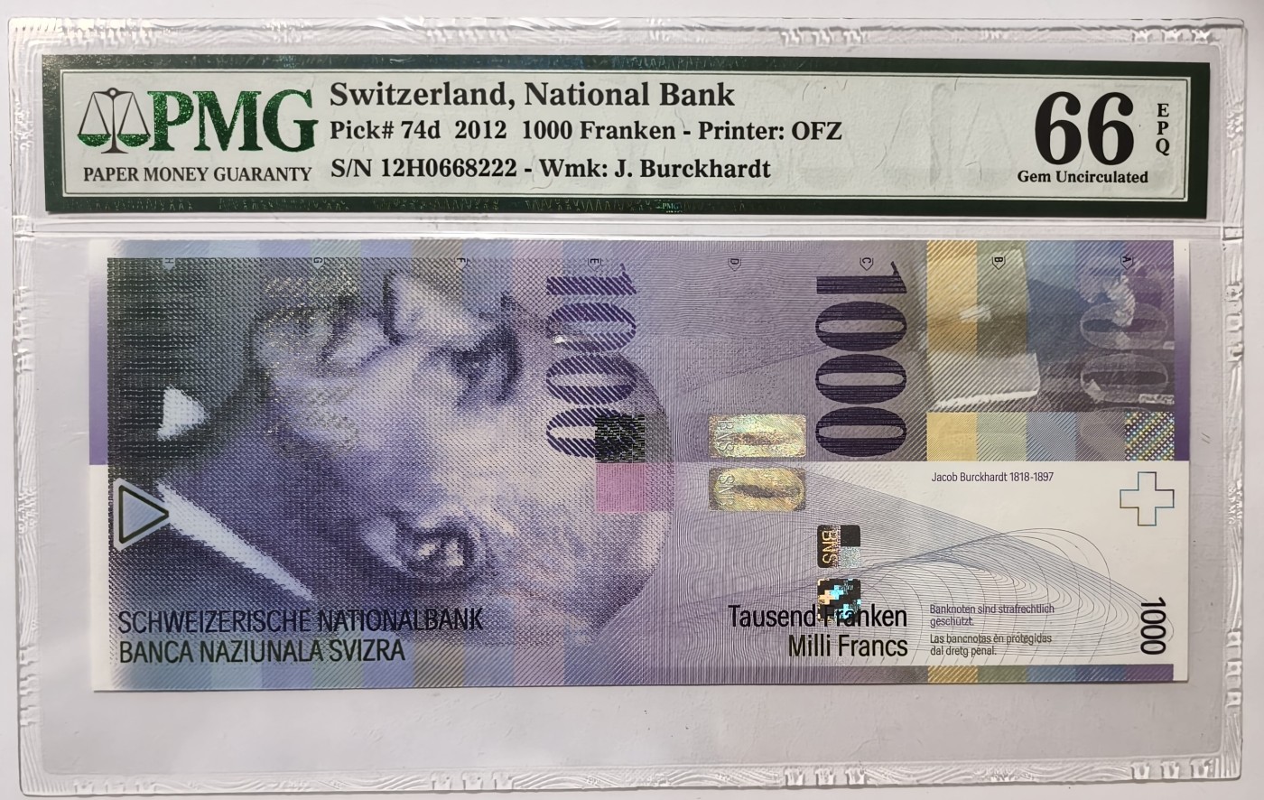 紫瑗钱币——第343期拍卖——纸币场 【PMG 66EPQ 豹子号2】瑞士 2012年 雅各布·伯克哈特 1000瑞士法郎 (p-74b)