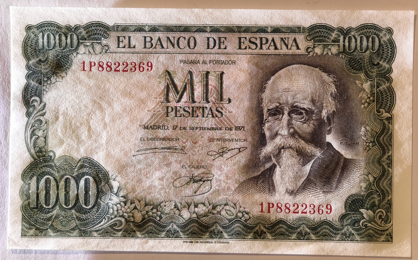 紫瑗钱币——第343期拍卖——纸币场 西班牙 1971(1974)年 何塞·埃切加赖 1000比塞塔 UNC (P-154)