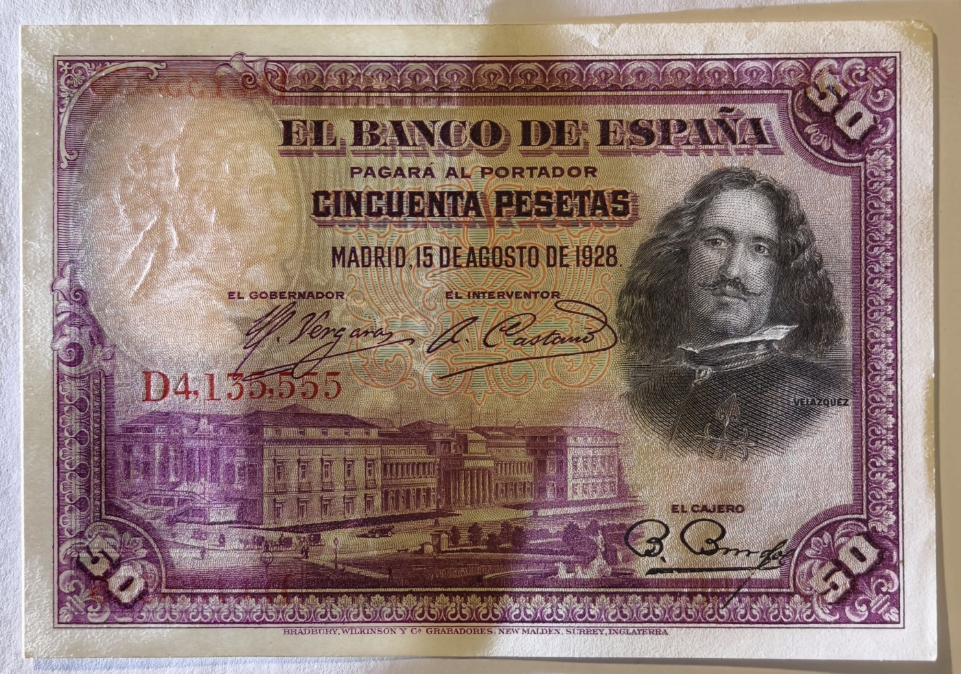 紫瑗钱币——第373期拍卖——纸币场 【狮子号5】西班牙 1928年 油画《布雷达的献城》50比塞塔 UNC- 有软折  (P-75b)