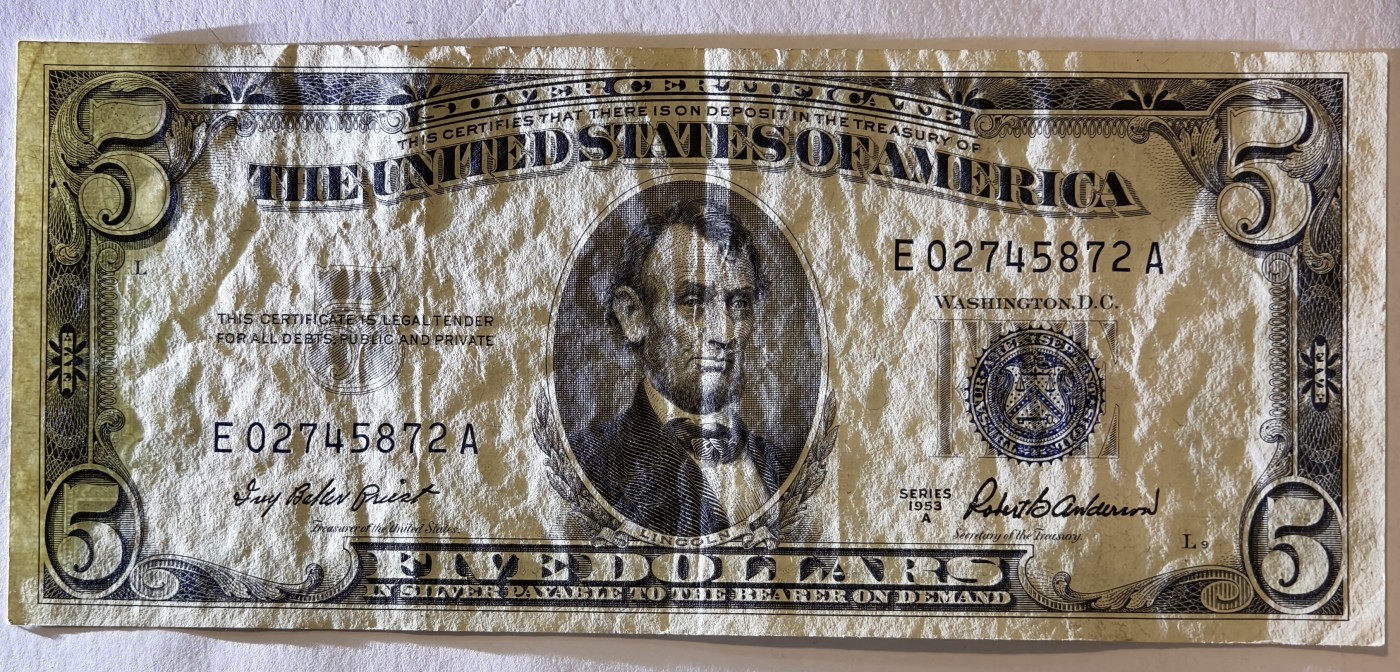 紫瑗钱币——第343期拍卖——纸币场 美国 1953年 A序列 亚伯拉罕·林肯 5美元 蓝印 银元券 AU