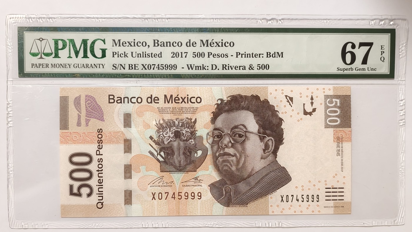 紫瑗钱币——第343期拍卖——纸币场 【PMG 67EPQ 豹子号9】墨西哥 2017年 迭戈·里维拉 500比索 