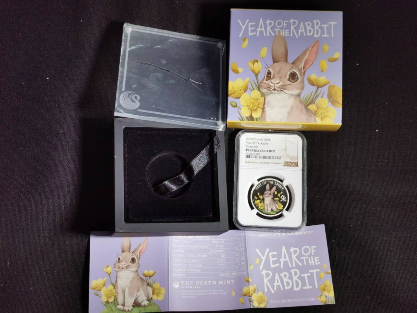 刘世昌艺术品销售中心～虎踞龙蟠*金杨在线联拍群第507期  澳大利亚图瓦卢2023年生肖兔彩色精制纪念银币（NGC PF69UC 串号：6752013-001）1枚，原盒证。