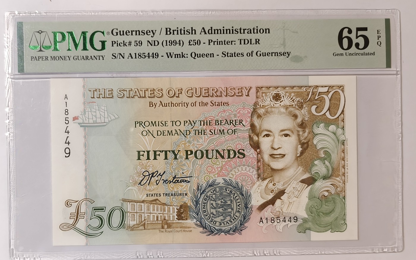 紫瑗钱币——第343期拍卖——纸币场 【首发A冠 PMG 65EPQ】格恩西 1994年 伊丽莎白二世 高冠 50磅 (P-59)