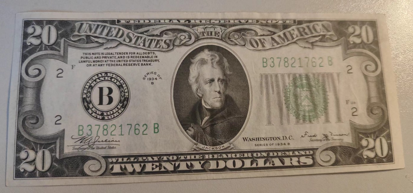 美国1934年20美元，九五成新