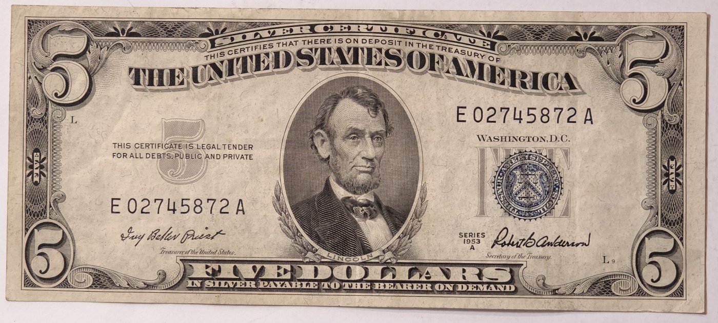 紫瑗钱币——第343期拍卖——纸币场 美国 1953年 A序列 亚伯拉罕·林肯 5美元 蓝印 银元券 AU
