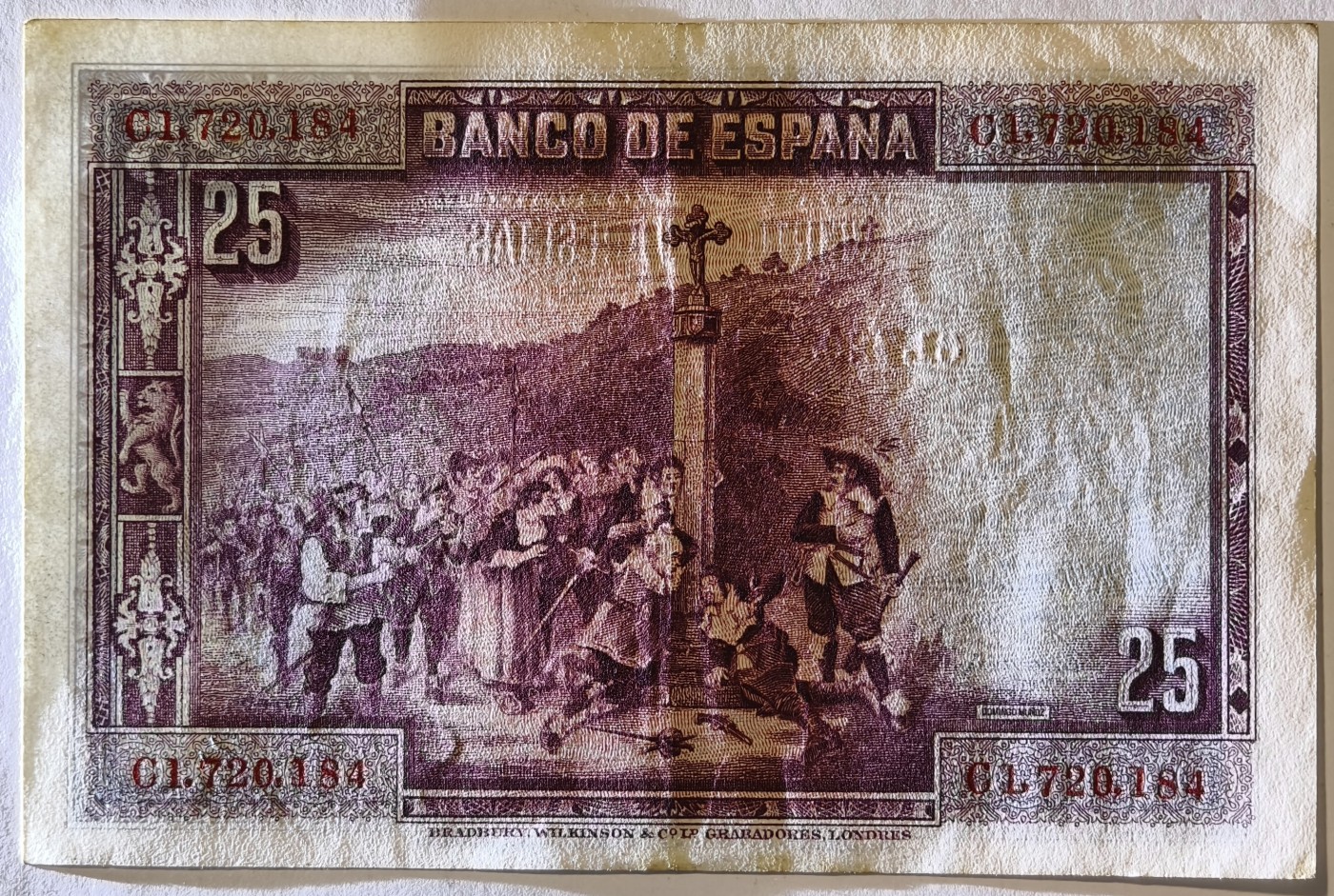 紫瑗钱币——第373期拍卖——纸币场 西班牙 1928年 卡尔德隆 25比塞塔 UNC- 中间有软折  (P-74b)