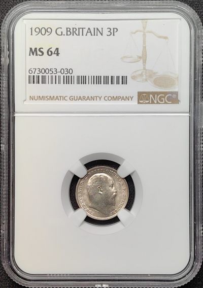 第34期钱币微拍 全场顺丰包邮 - NGC MS64 英国 1909年 爱德华七世 3便士银币
