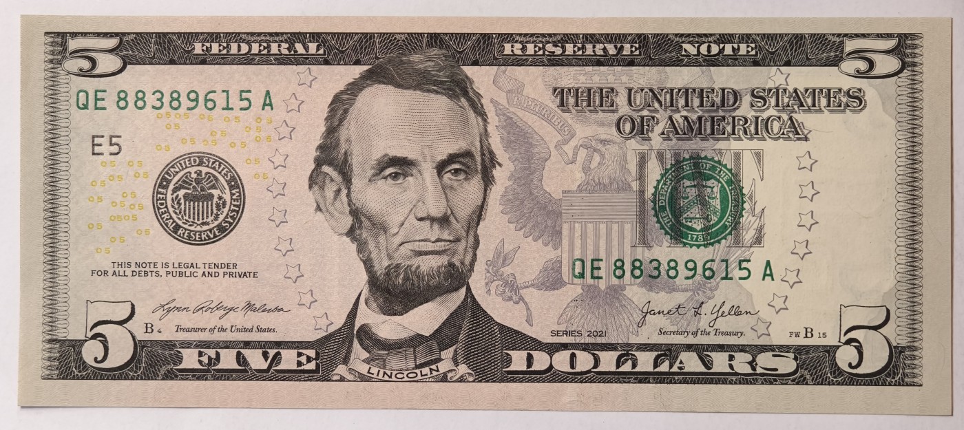紫瑗钱币——第343期拍卖——纸币场 美国 2021年 E版 无序列 亚伯拉罕·林肯 5美元 彩色版 UNC