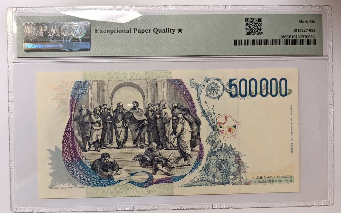 紫瑗钱币——第343期拍卖——纸币场 【PMG 66⭐️】意大利 1997年 拉斐尔 500000里拉 (P-118)