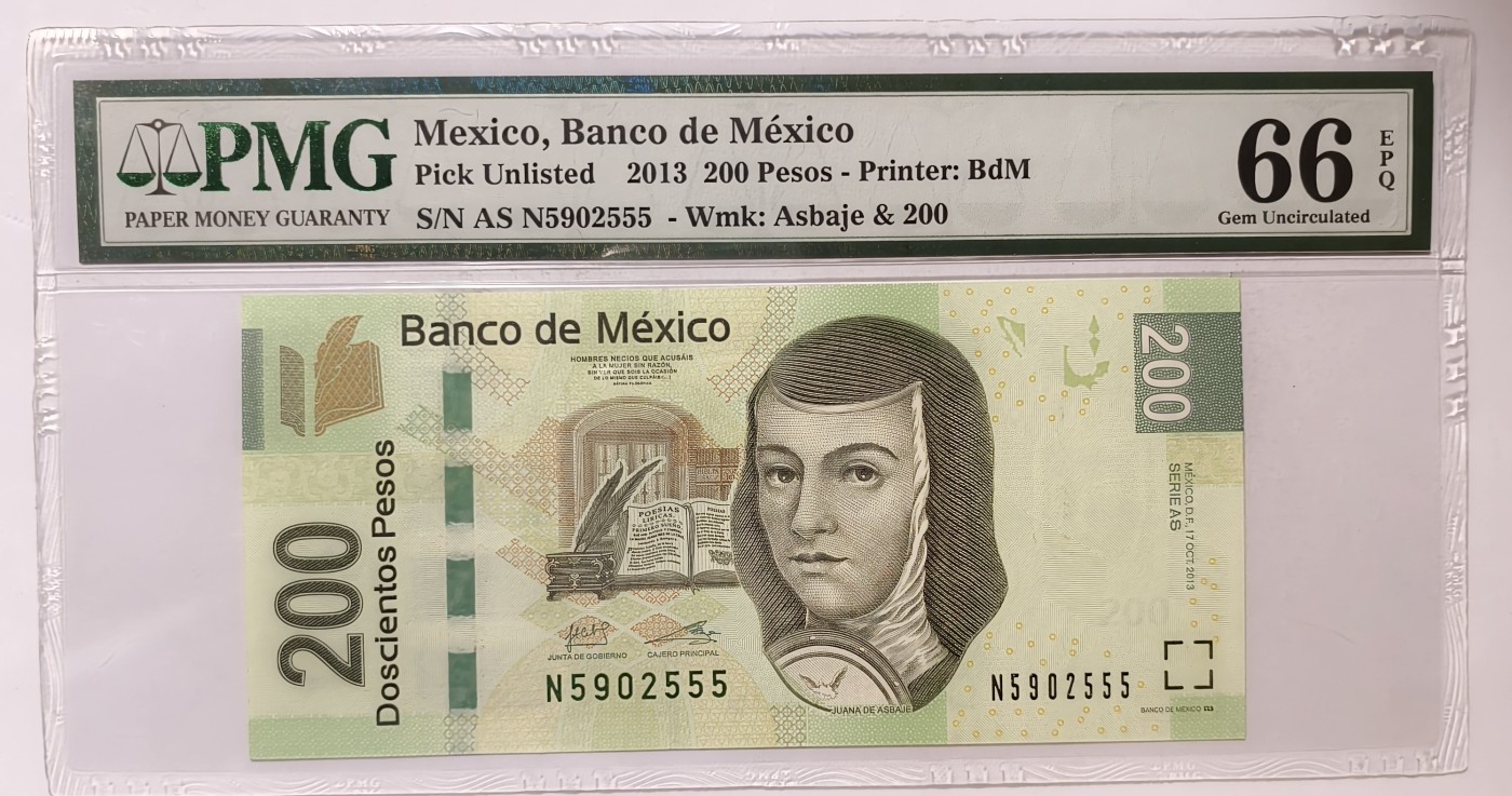 紫瑗钱币——第343期拍卖——纸币场 【PMG 66EPQ 豹子号5】墨西哥 2013年 胡安娜·伊内斯·德·拉·克鲁兹 200比索 
